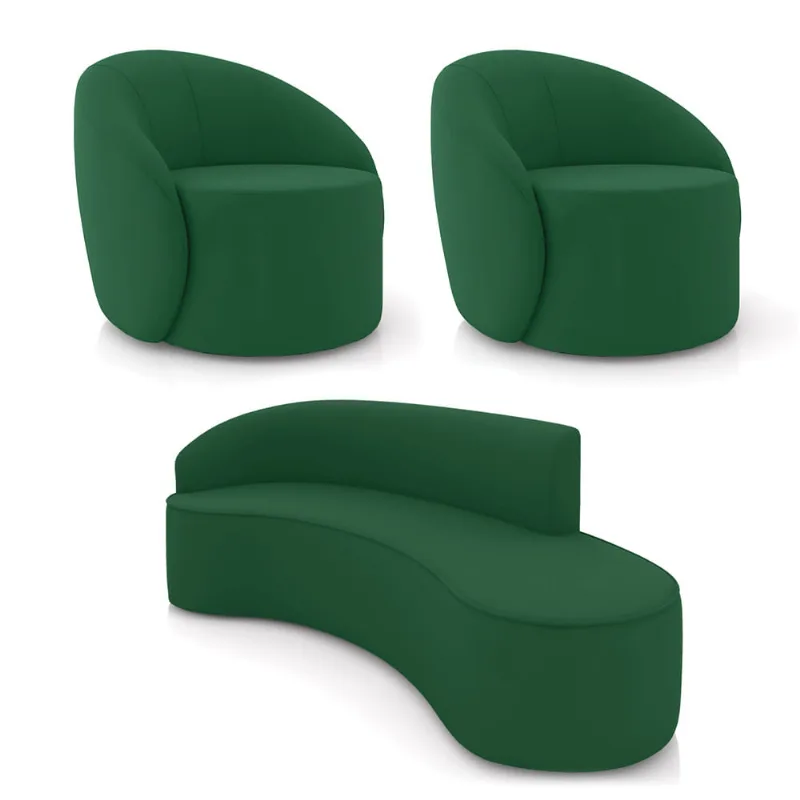 Sofá 4 Lugares Orgânico 220cm Morgan e 2 Poltronas Lua Veludo Verde D03 - D'Rossi