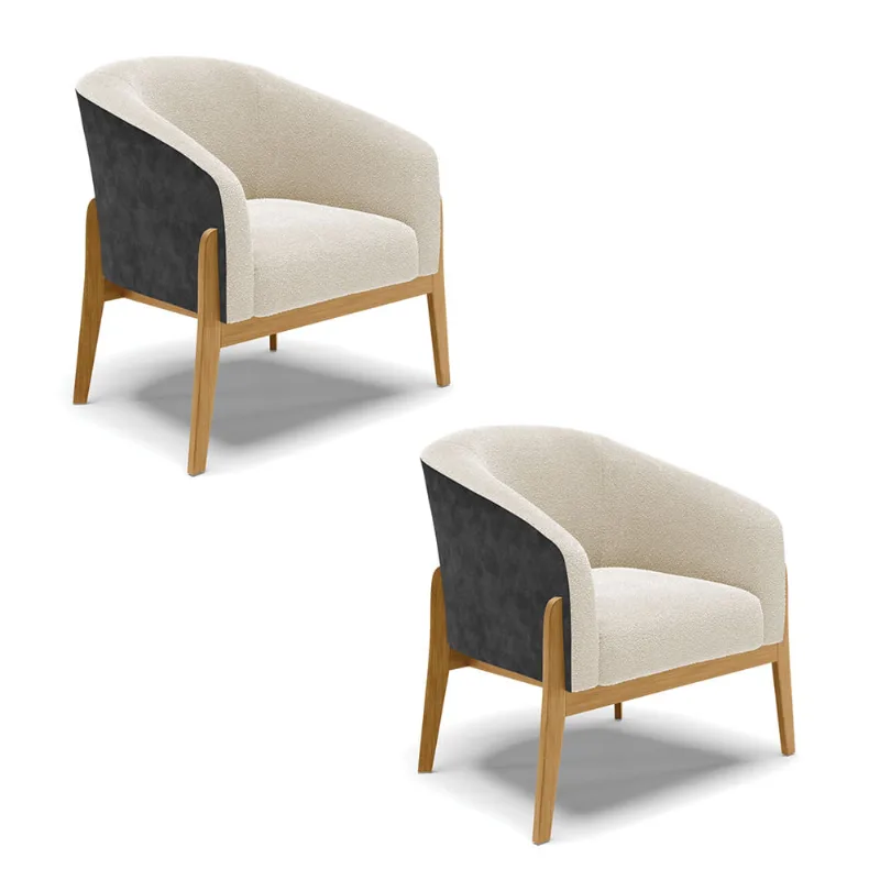 Poltrona Decorativa Base Madeira Kit 2 Stella PU Preto/Bouclê D03 - D'Rossi Bege