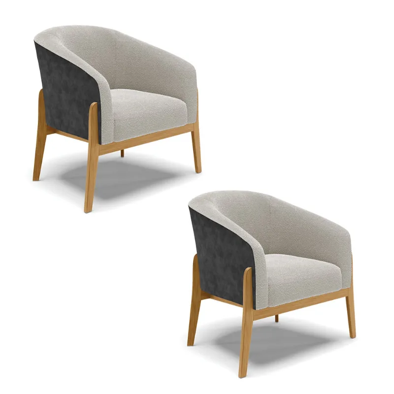 Poltrona Decorativa Base Madeira Kit 2 Stella PU Preto/Bouclê D03 - D'Rossi Cinza
