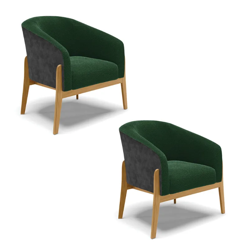 Poltrona Decorativa Base Madeira Kit 2 Stella PU Preto/Bouclê D03 - D'Rossi Verde