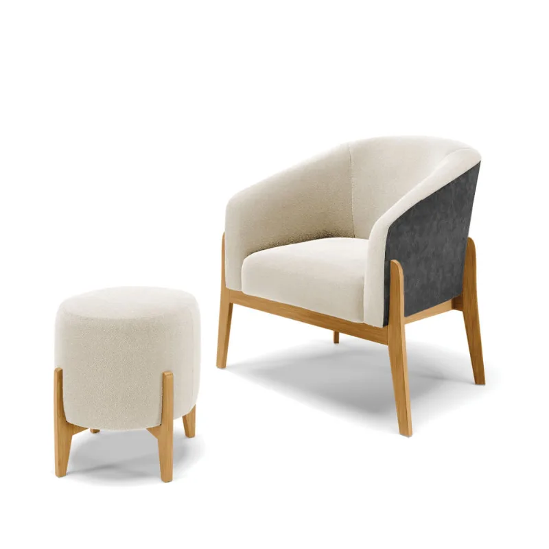 Poltrona e Puff Decorativo Base Madeira Stella PU Preto/Bouclê D03 - D'Rossi Cinza