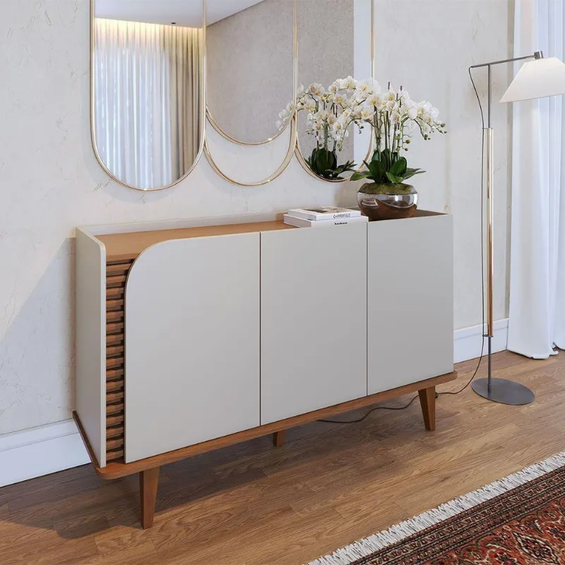 Aparador Buffet Ewa C04 3 Portas Tampo MDP com Nichos Off White 136CM D'Rossi