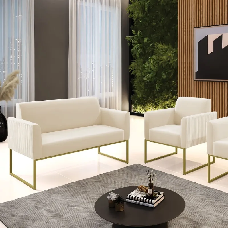 Sofá Namoradeira e Poltrona Marisa Industrial Dourado Cotelê Ext/Veludo D03 - D'Rossi