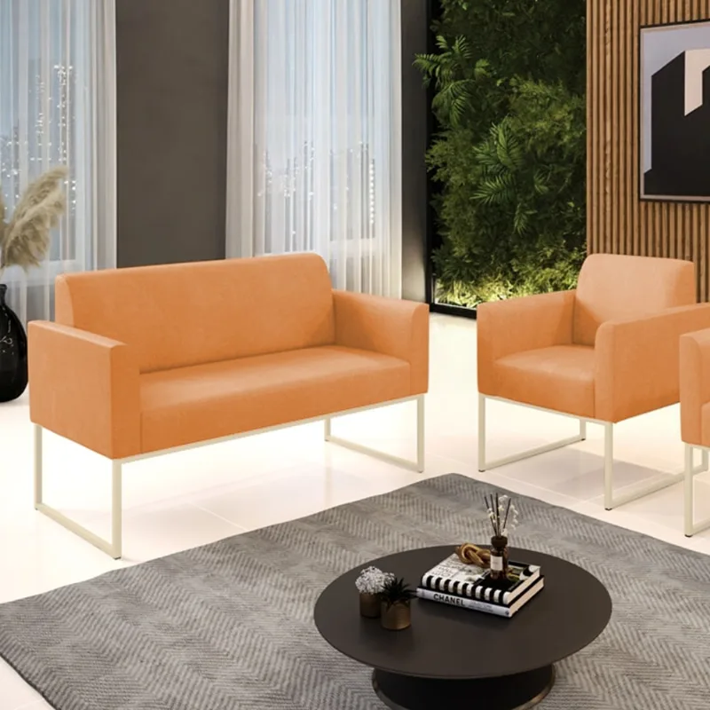 Sofá Namoradeira e Poltrona Marisa Industrial Champanhe Sintético PU D03 - D'Rossi Camel