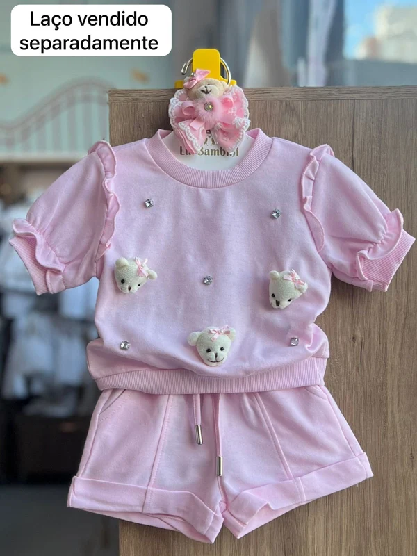 CONJUNTO BLUSA MANGA CURTA MOLETOM COMFY PEDRAS URSOS BABADO E SHORT MENINA GABRIELA AQUARELA Rosa / 3