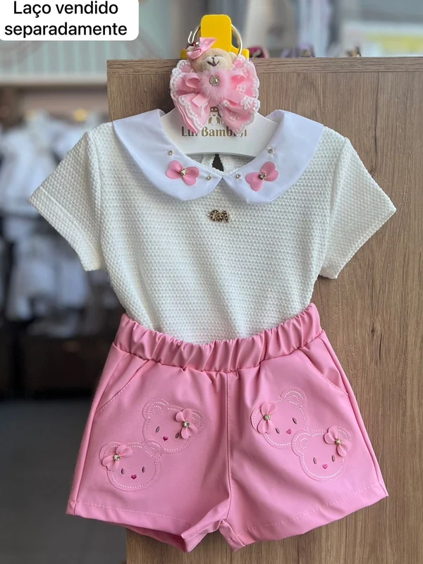 CONJUNTO BLUSA MANGA CURTA CRISTAIS BORBOLETAS TRICOTADO E SHORT COURINO URSO MENINA GABRIELA AQUARELA OFF/ROSA / 2