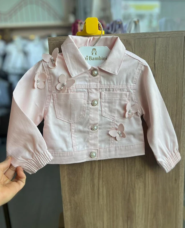 JAQUETA MANGA LONGA SARJA BORBOLETA PÉROLAS CRISTAIS STRASS BOLSOS MENINA GABRIELA AQUARELA ROSA / 3
