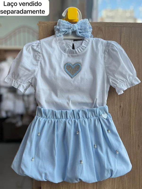 CONJUNTO BLUSA MANGA CURTA GOLA PLISSADO CORAÇÃO STRASS E SAIA BALONÊ CRISTAIS MENINA GABRIELA AQUARELA OFF/AZUL / 6