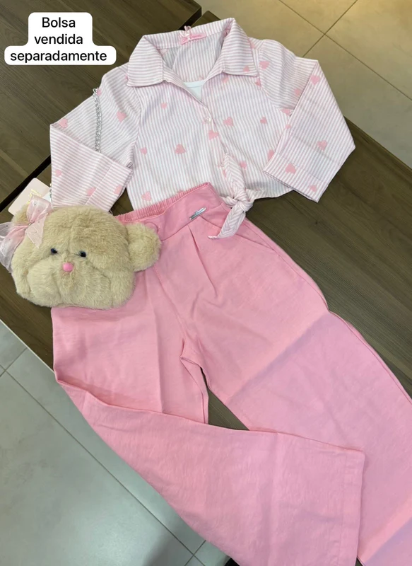 CONJUNTO CAMISA MANGA LONGA LISTRADO CORAÇÕES BORDADO E CALÇA MENINA GABRIELA AQUARELA Rosa / 10