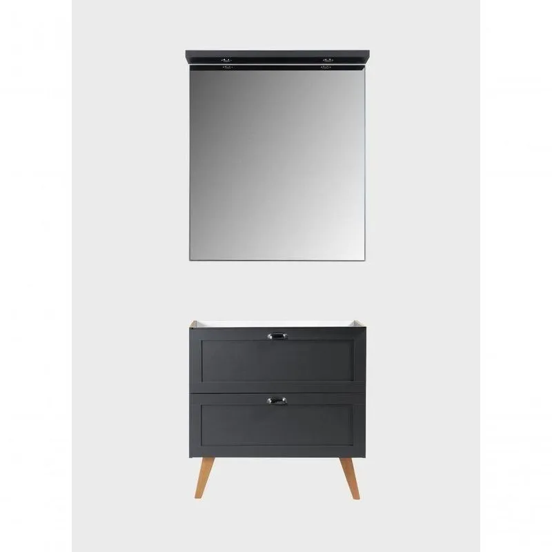 Gabinete Para Banheiro E Espelho Milano 3 Gavetas MDF 80cm Grafite Com LED ON Móveis