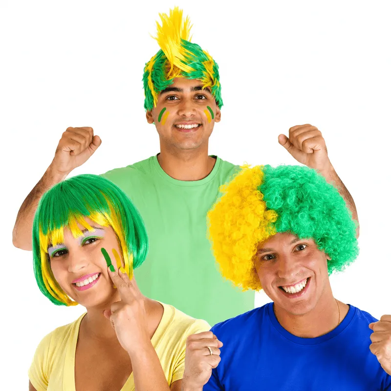Kit 3 Perucas Brasil Verde E Amarelo Para Torcida Kit 3 Perucas