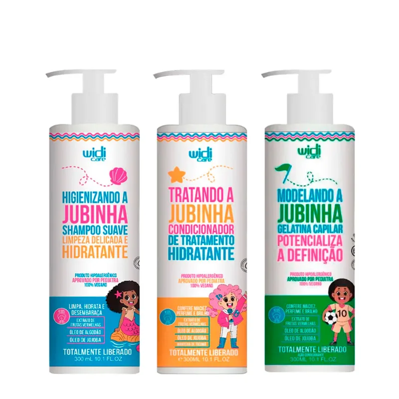 Kit Widi Care Shampoo Hidratante Limpeza Delicada e Suave Jubinha 300ml + Condicionador 300ml + Gelatina Capilar 300g Kit