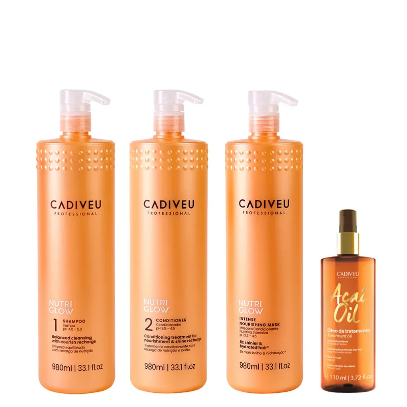 Kit Cadiveu Nutri Glow Shampoo 980ml + Condicionador 980ml + Máscara 980ml + Óleo 110ml Kit