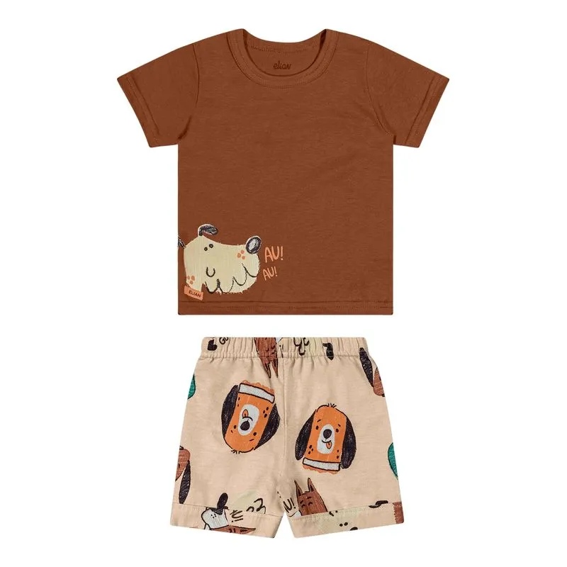 Conjunto Bebê Menino Curto Cachorrinhos Elian Marrom 1