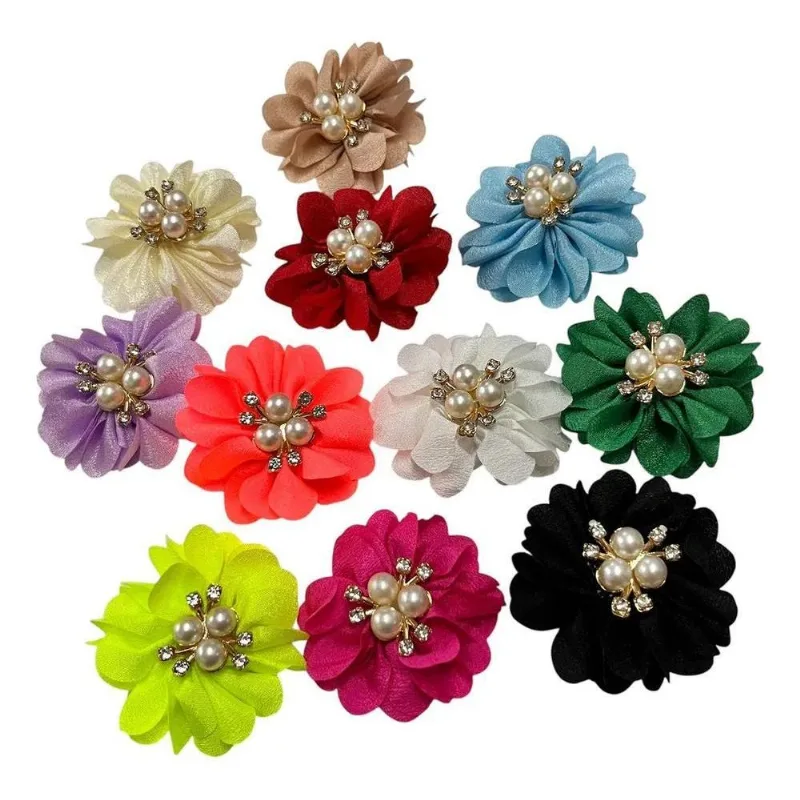 3x Aplique Flor De Tecido Poliester Com Pérolas-10pcs