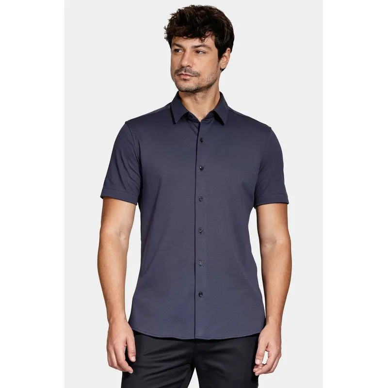 Camisa Manga Curta Slim Malha Mista Italiana Marinho - GG