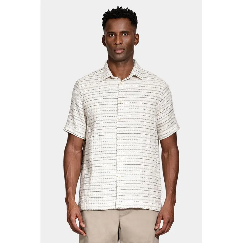 Camisa Manga Curta Regular Algodão Rústico Listras Off White Com Café - XXG