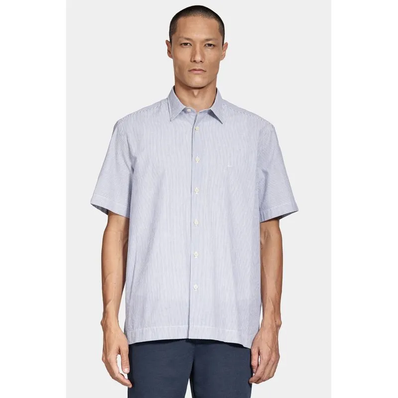 Camisa Manga Curta Regular Algodão Listrada Branco/Azul Jeans - M