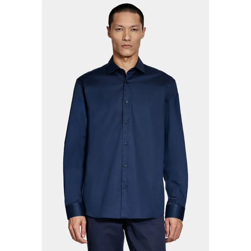 Camisa Manga Longa Slim Tricoline Algodão Marinho - XGG