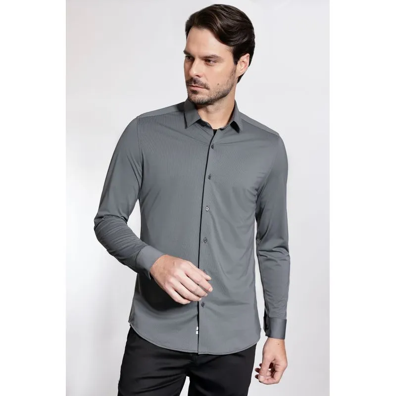 Camisa Slim Poliamida Manga Longa Chumbo - XGG