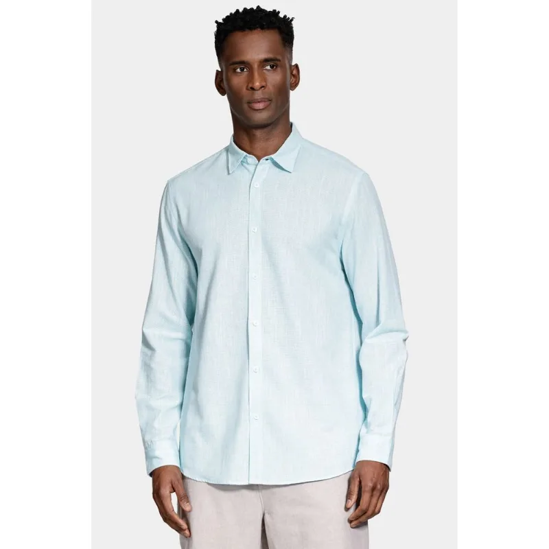 Camisa Manga Longa Slim Algodão Com Bordado Azul Claro - M