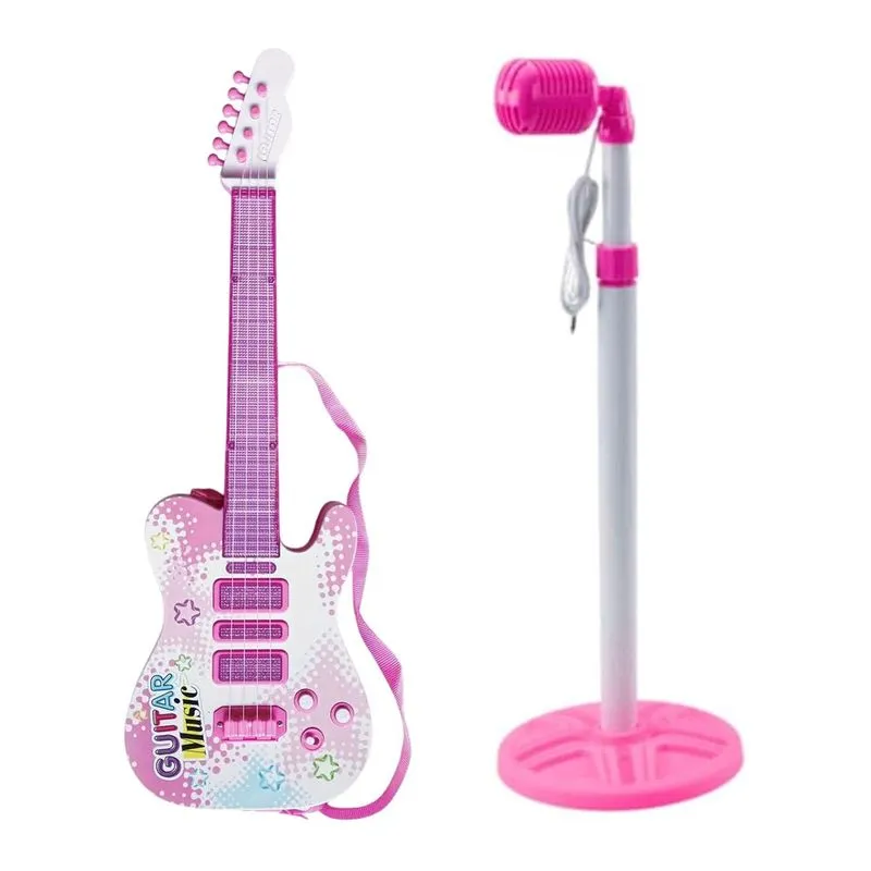 Kit De Guitarra Elétrica Infantil Com Microfone Rosa Domni
