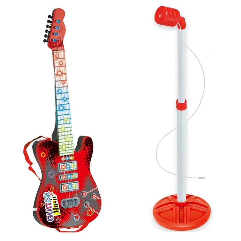 Kit De Guitarra Elétrica Infantil Com Microfone Vermelha Domni