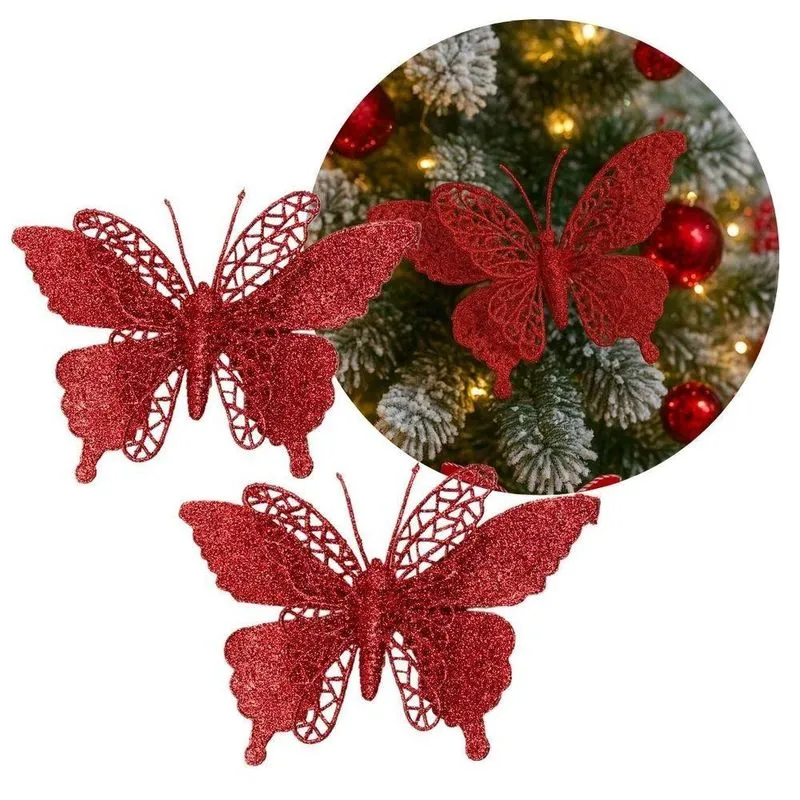 Enfeite Natal Jogo 2 Borboletas Vermelho Glitter Com Presilha 12x18cm