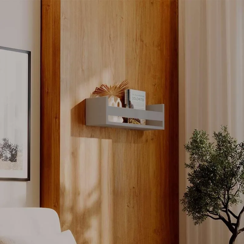 Prateleira Porta Livro Retangular MDF Suporte Invisível Sala Cinza Claro Mercado das Prateleiras