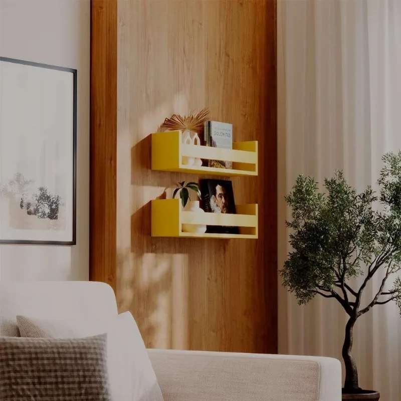 Prateleira Kit 2 Porta Objetos 70X12CM MDF Suporte Invisível Moderno Sala Amarelo Mercado