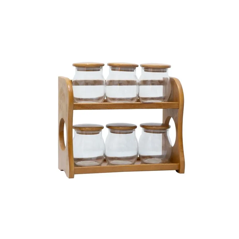 Conjunto De Porta Temperos Em Vidro Com Suporte E Tampa Em Madeira Natural 7 Peças