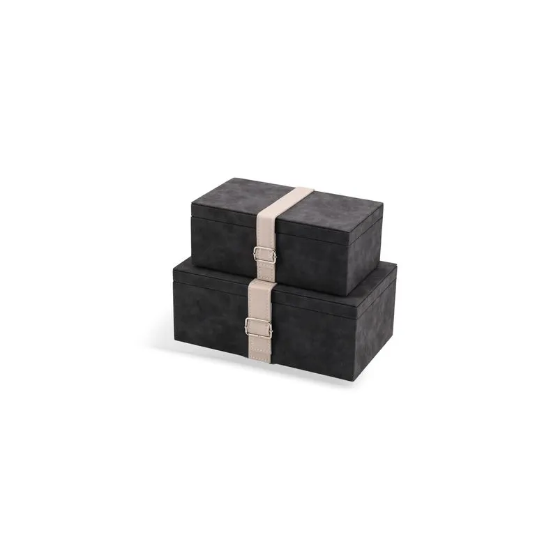 CONJUNTO DE CAIXAS DECORATIVAS EM COURO SINTÉTICO CINZA E BRANCO 2 PEÇAS