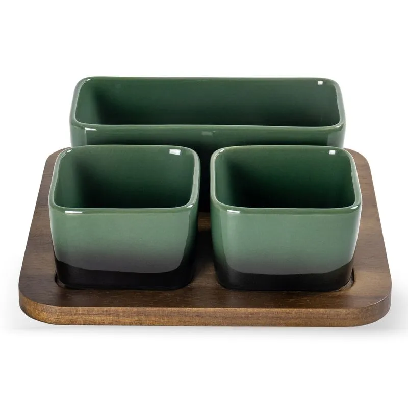 CONJUNTO DE PETISQUEIRAS BASE MADEIRA CERÂMICA VERDE DEGRADE 4 PEÇAS