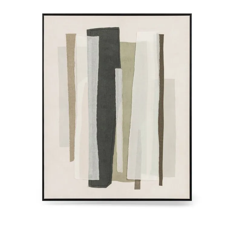 Quadro decorativo em madeira remendos tons naturais costurado - moldura preta - 80x100x3.8cm