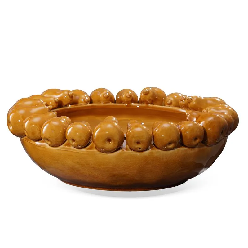 Vaso decorativo em cerâmica com detalhe de peras cor mostarda - 37.3x37.3x13.7cm