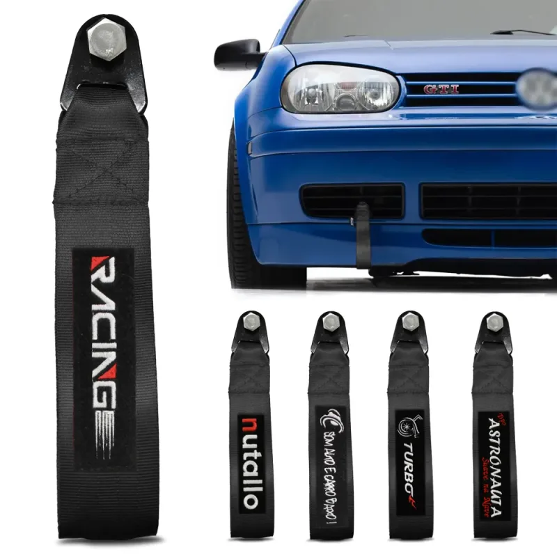 Fita de Reboque Preto Bordado Racing com Costura Reforçada e Suporte de 2 Toneladas para Carros Tuning