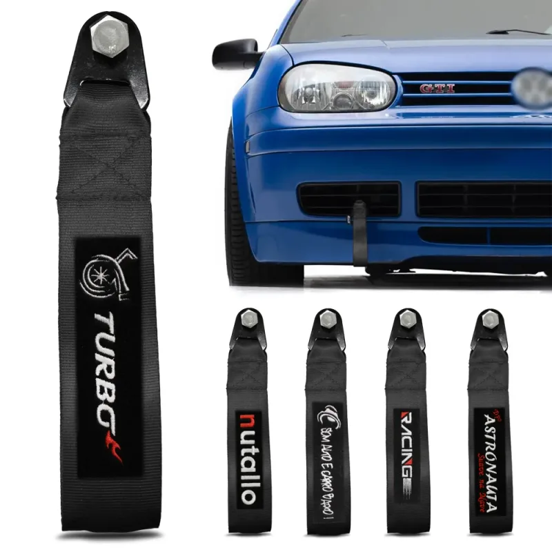 Fita de Reboque Preto Bordado Turbo com Costura Reforçada e Suporte de 2 Toneladas para Estilo Tuning