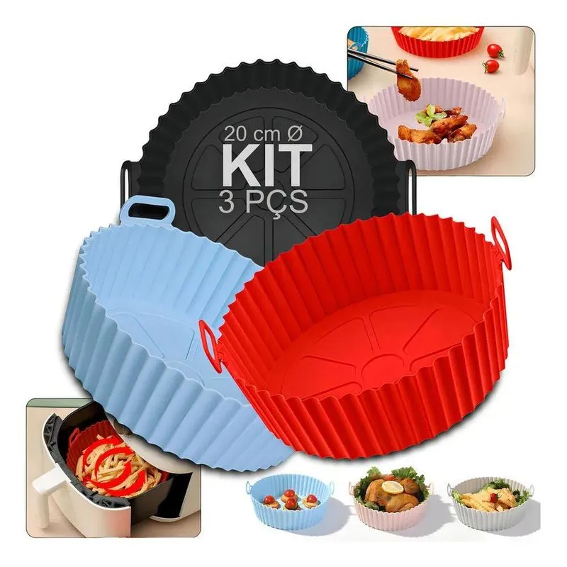 Kit 3 Cestos Silicone Airfryer 20cm Antiaderente Livre Bpa