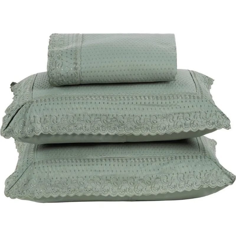 Colcha Queen Home Paris Com Bordado Inglês Micropercal 300 Fios Toque De Algodão 3 Peças - Verde - Casa Modelo Enxovais