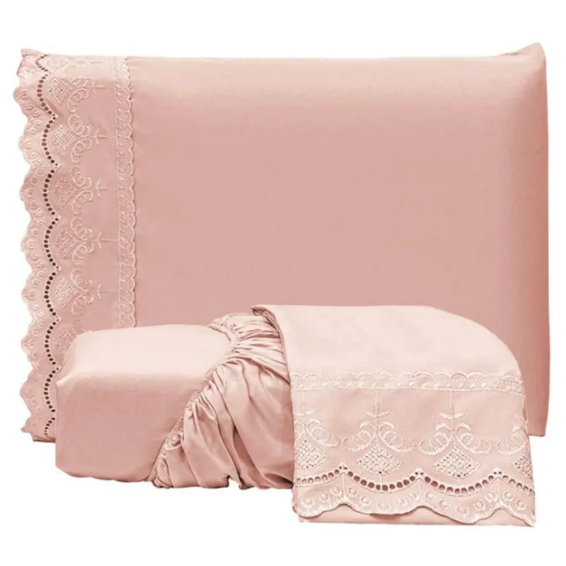 Jogo De Lençol Queen Bordado Ingles Micropercal 300 Fios Toque De Algodão 3 Peças - Rose - Casa Modelo Enxovais