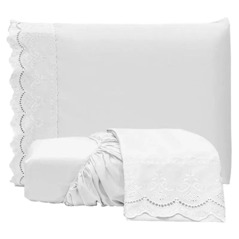 Jogo de Len�ol Queen Bordado Ingles Micropercal 300 Fios Toque de Algod�o 3 Pe�as - Branco - Casa Modelo Enxovais