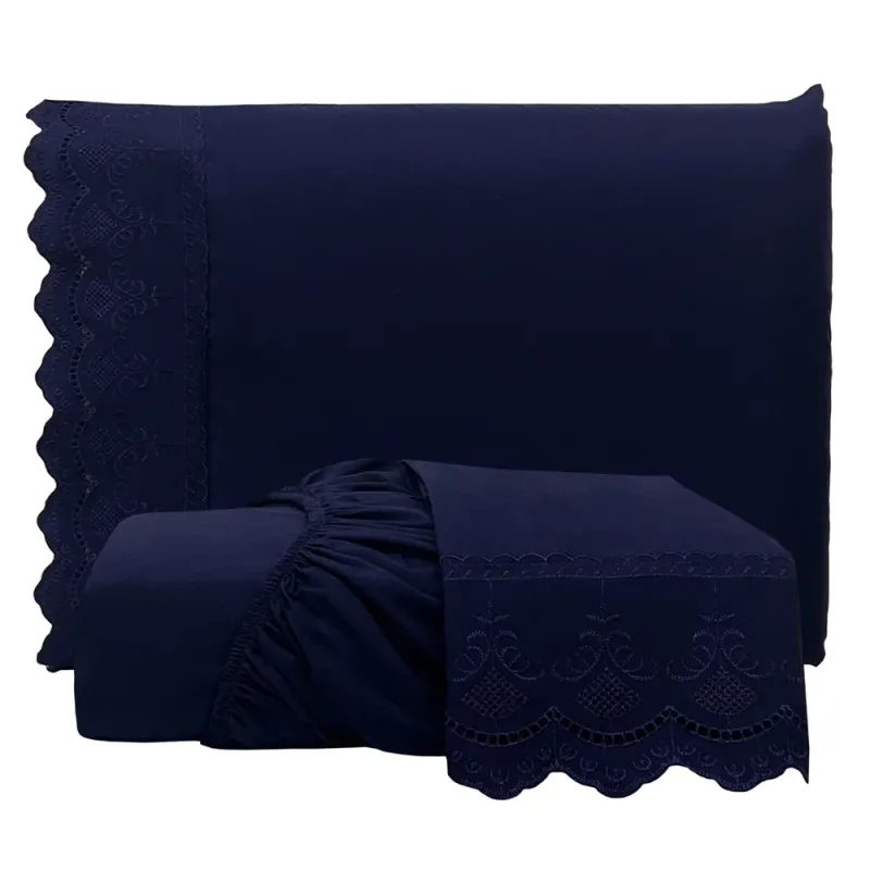 Jogo de Len�ol Queen Bordado Ingles Micropercal 300 Fios Toque de Algod�o 3 Pe�as - Azul Marinho - Casa Modelo Enxovais