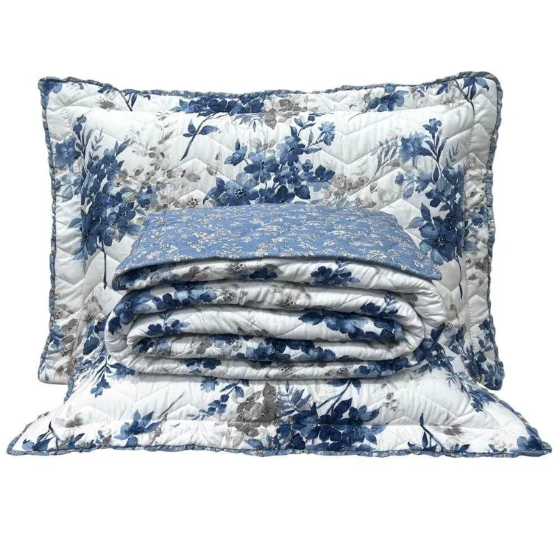 Cobre Leito King Confort Print Micropercal 300 Fios Toque De Algodão 3 Peças - Flores Azuis - Casa Modelo Enxovais