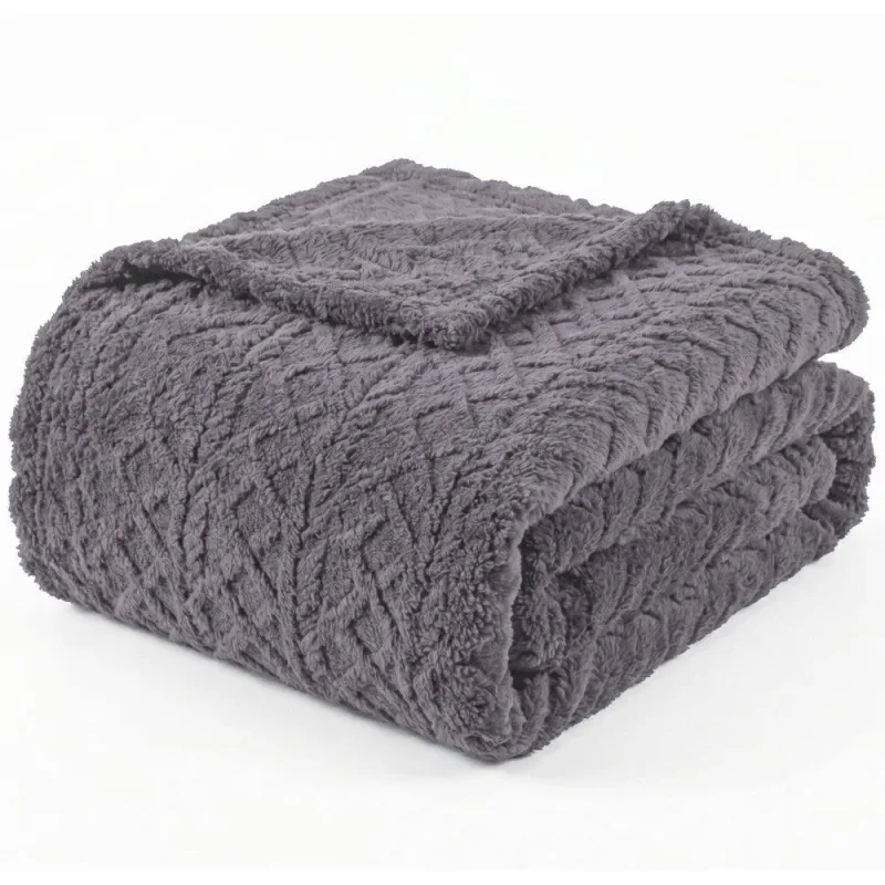 Manta Queen Sherpa Dupla Face 240g/m�Jacquard Alto Relevo Aveludada Quente e Macia - Cinza 100% Poli�ster - Casa Modelo Enxovais