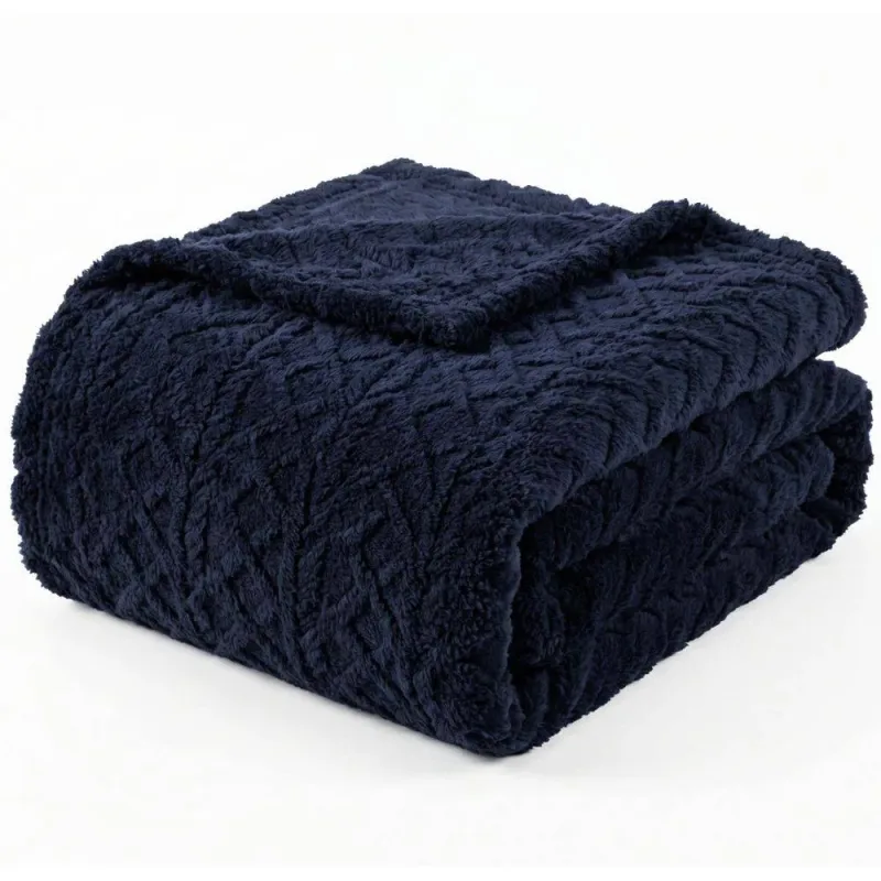 Manta Queen Sherpa Dupla Face 240g/m�Jacquard Alto Relevo Aveludada Quente e Macia - Marinho 100% Poli�ster - Casa Modelo Enxovais