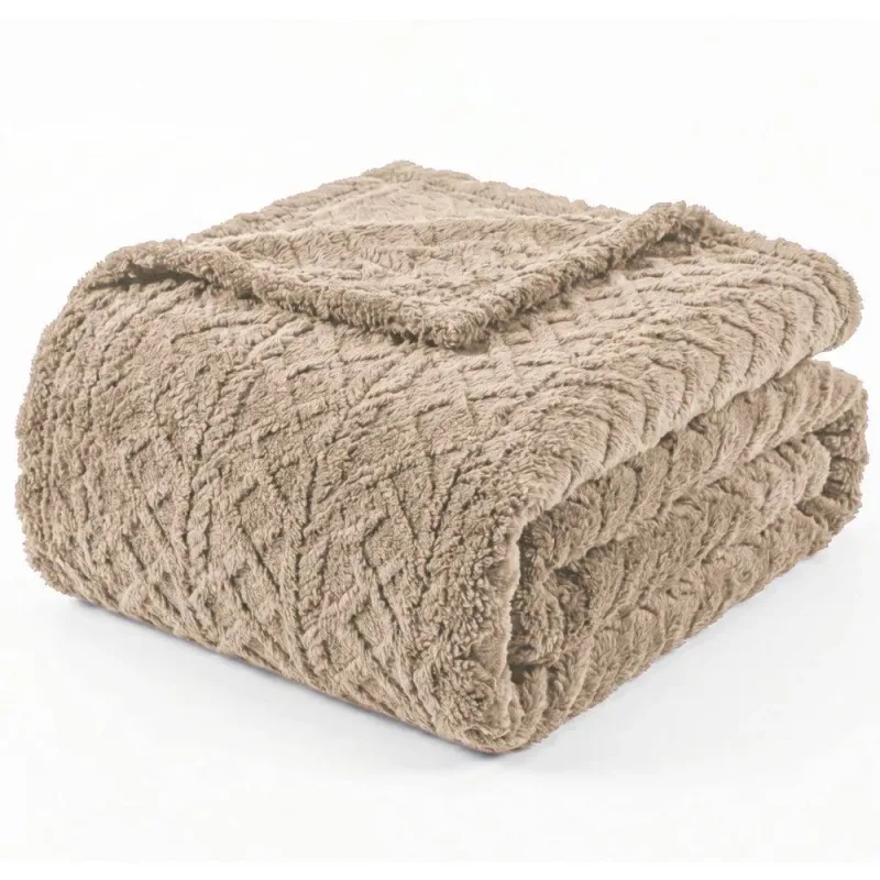 Manta Queen Sherpa Dupla Face 240g/m�Jacquard Alto Relevo Aveludada Quente e Macia Bege - 100% Poli�ster - Casa Modelo Enxovais