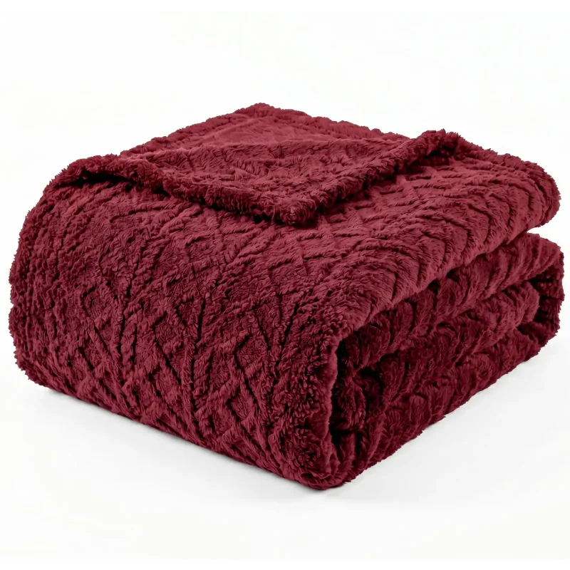Manta Queen Sherpa Dupla Face 240g/m�Jacquard Alto Relevo Aveludada Quente e Macia Marsala - 100% Poli�ster - Casa Modelo Enxovais
