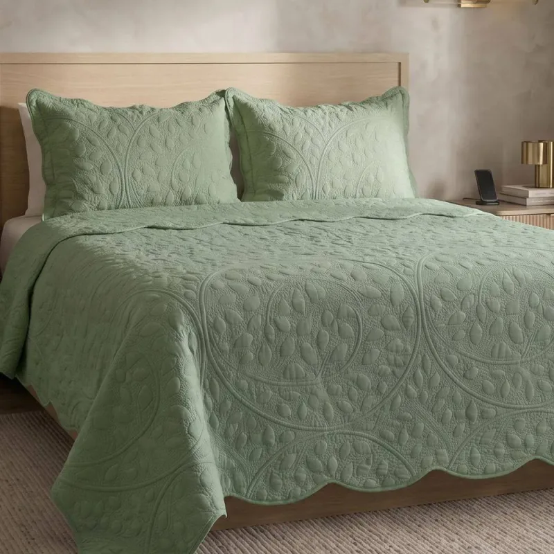 Cobre Leito Casal Padr�o Vintage Micropercal 300 Fios 3 Pe�as - Verde - 100% Poli�ster - Casa Modelo Enxovais
