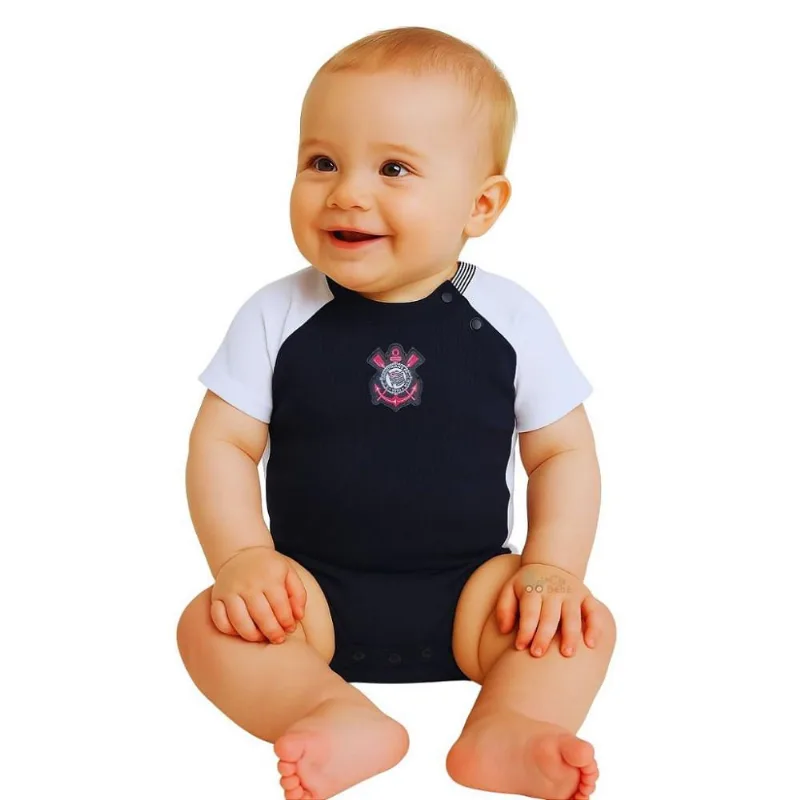 Body Bebê Corinthians Branco e Preto Camisa Jogo 2 Oficial P