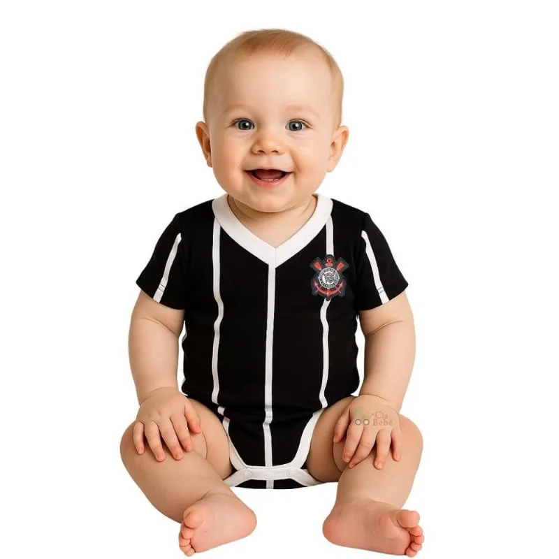 Body Bebê Corinthians Listrado Preto Oficial M